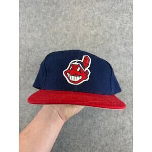 Vintage 90s Cleveland Indians MLB Snapback Hat Crosscap Flat Bill Navy Red OS